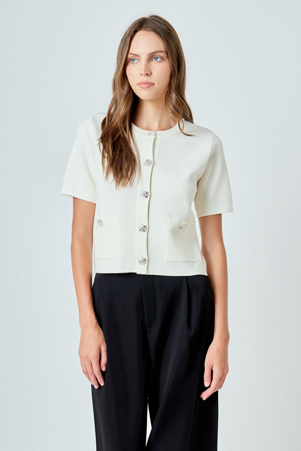 Short Sleeve Jewel Button-Up Cardigan