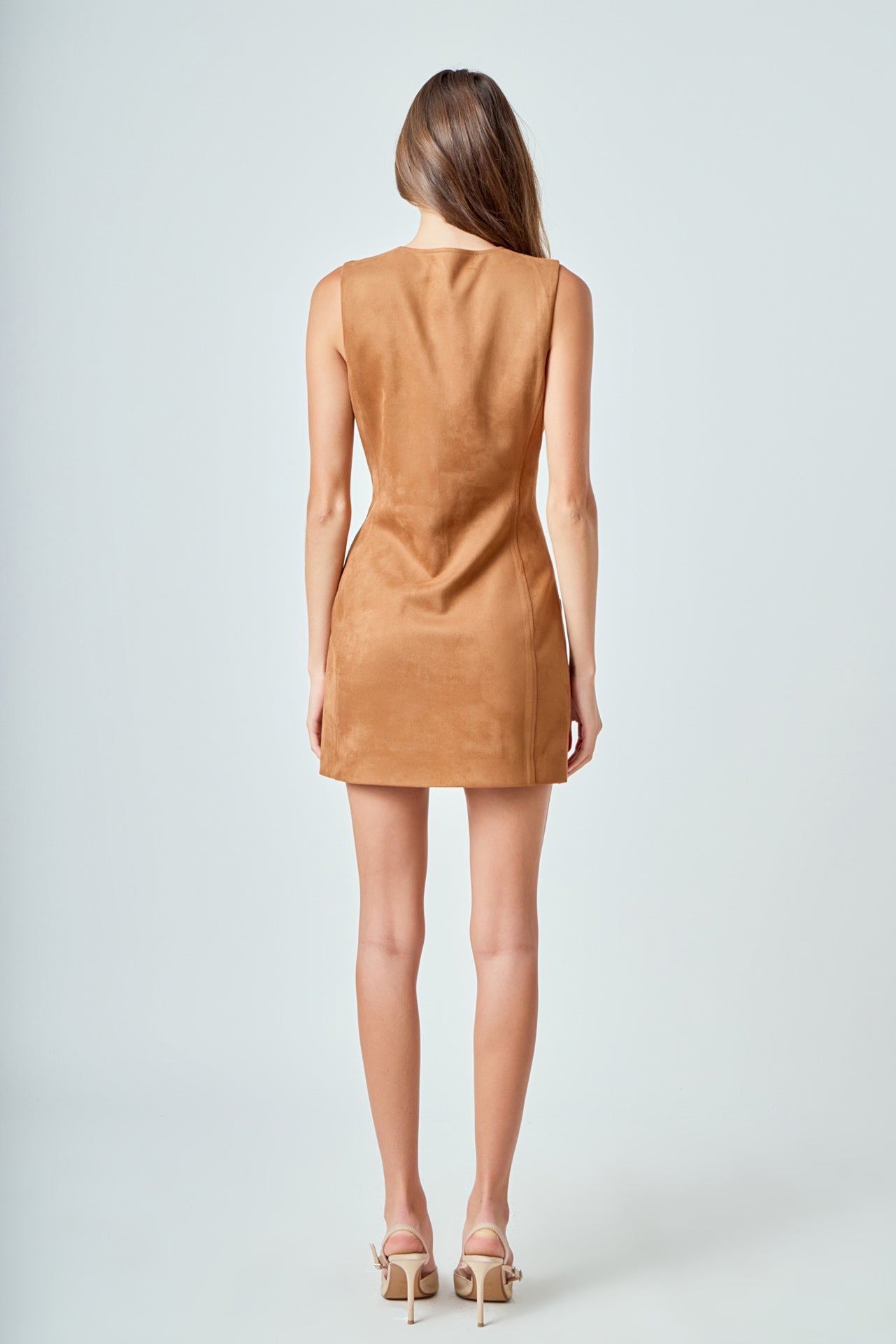 Faux Suede Round Neck Buttoned Mini Dress