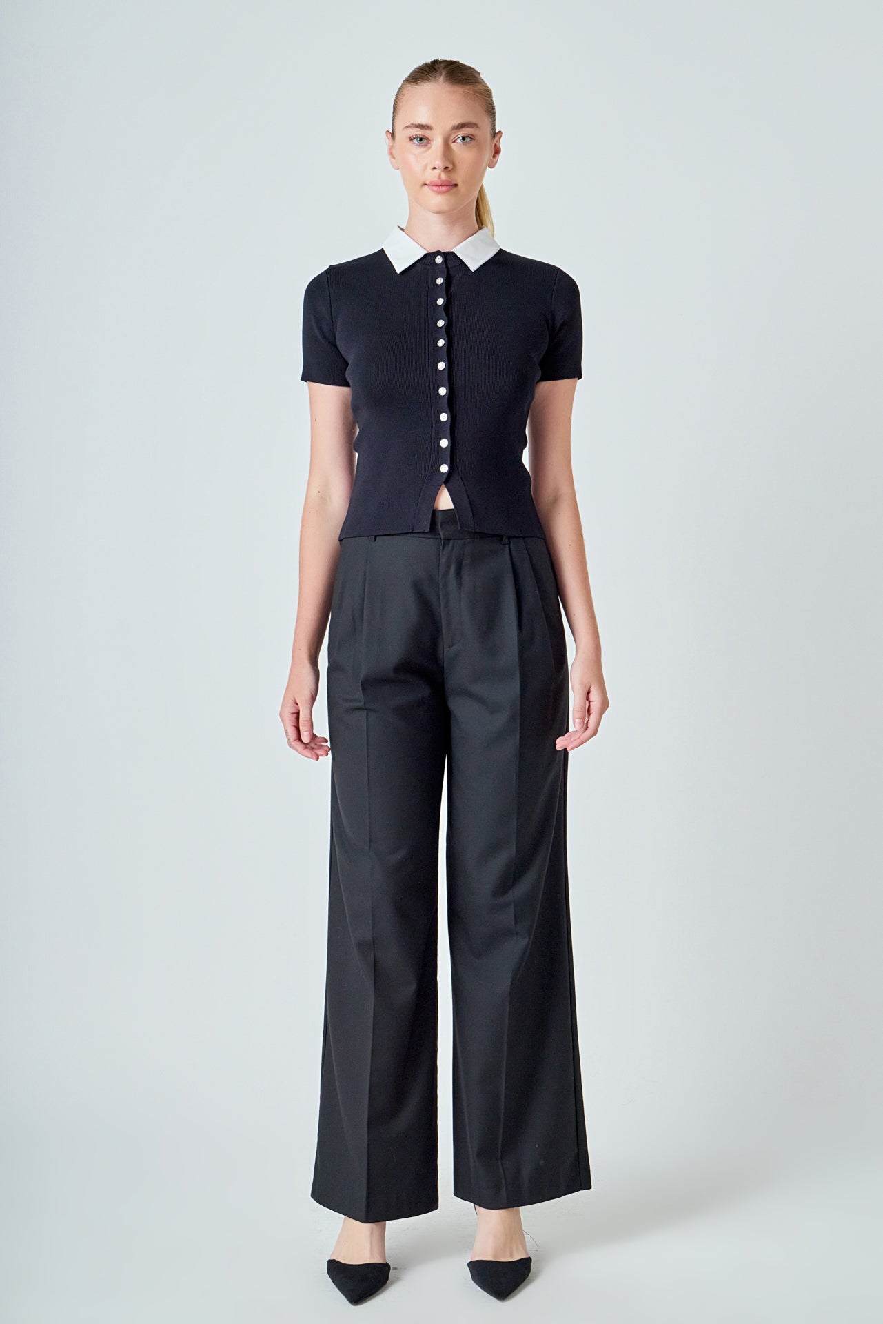 Jewel Buttoned Collared Color Block Top