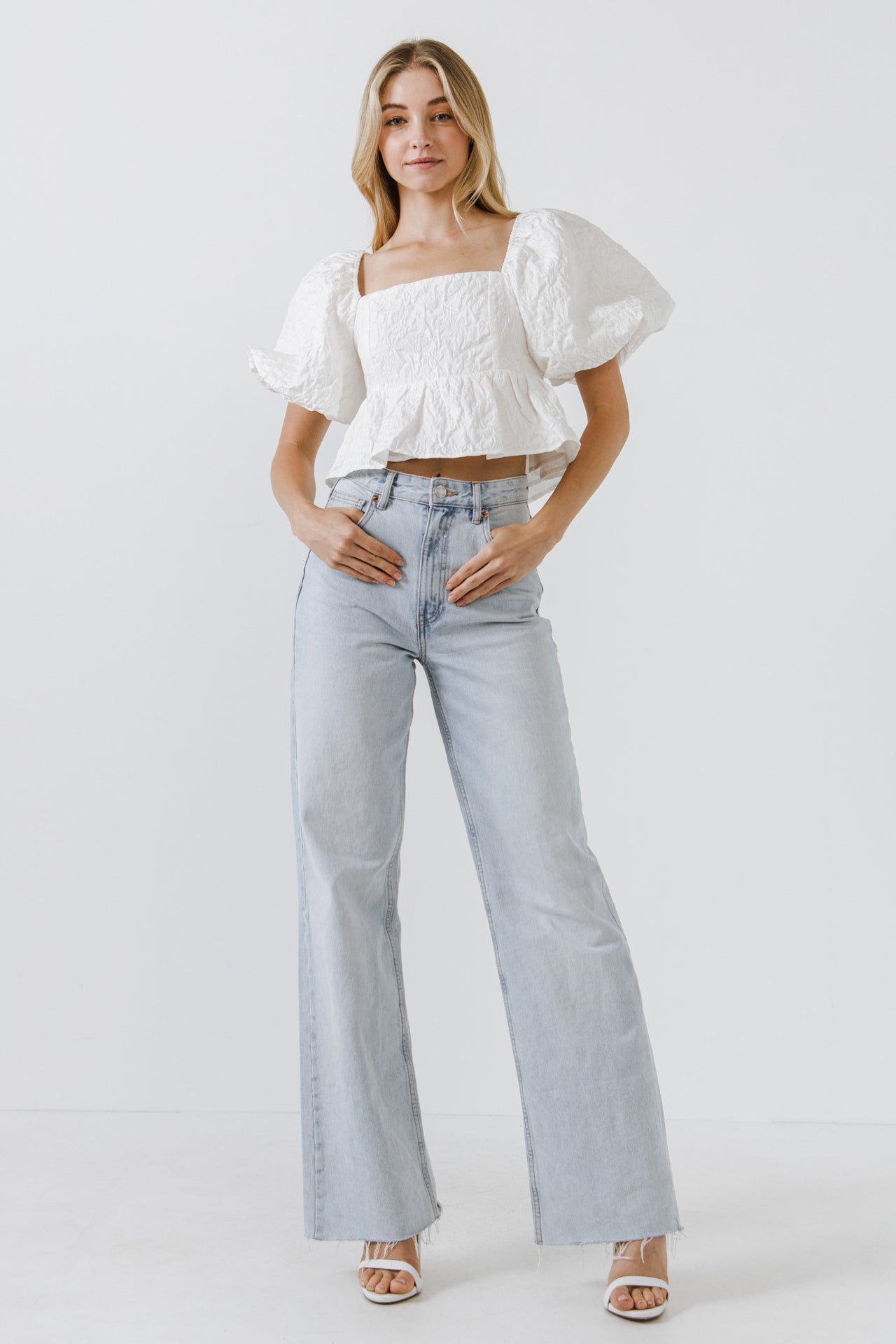 Square Neck Puff Sleeve Jacquard Top