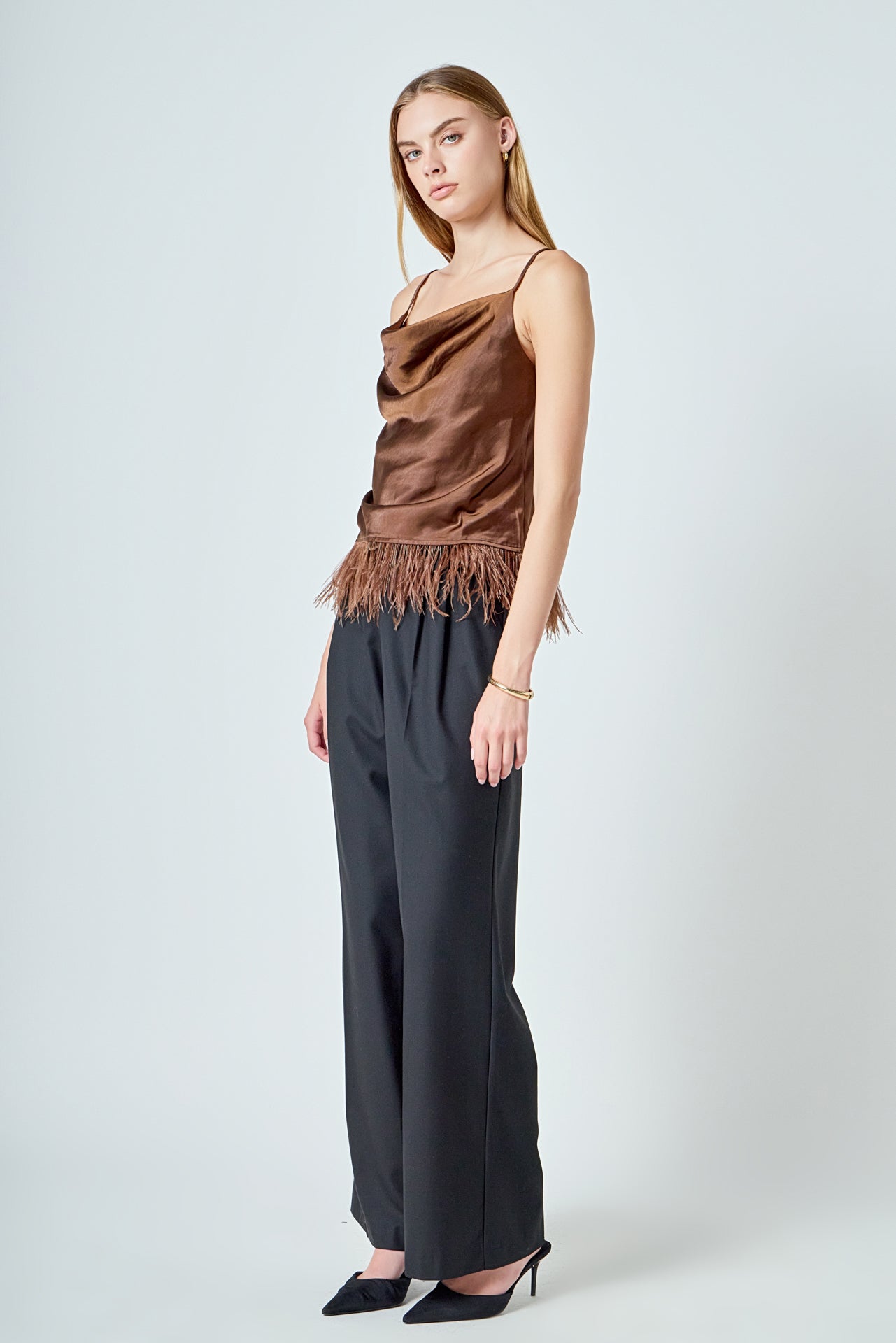 Satin Cowl Neck Top with Feather