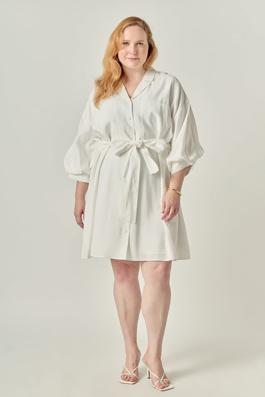 Blouson Sleeve Belted Shirt Dress