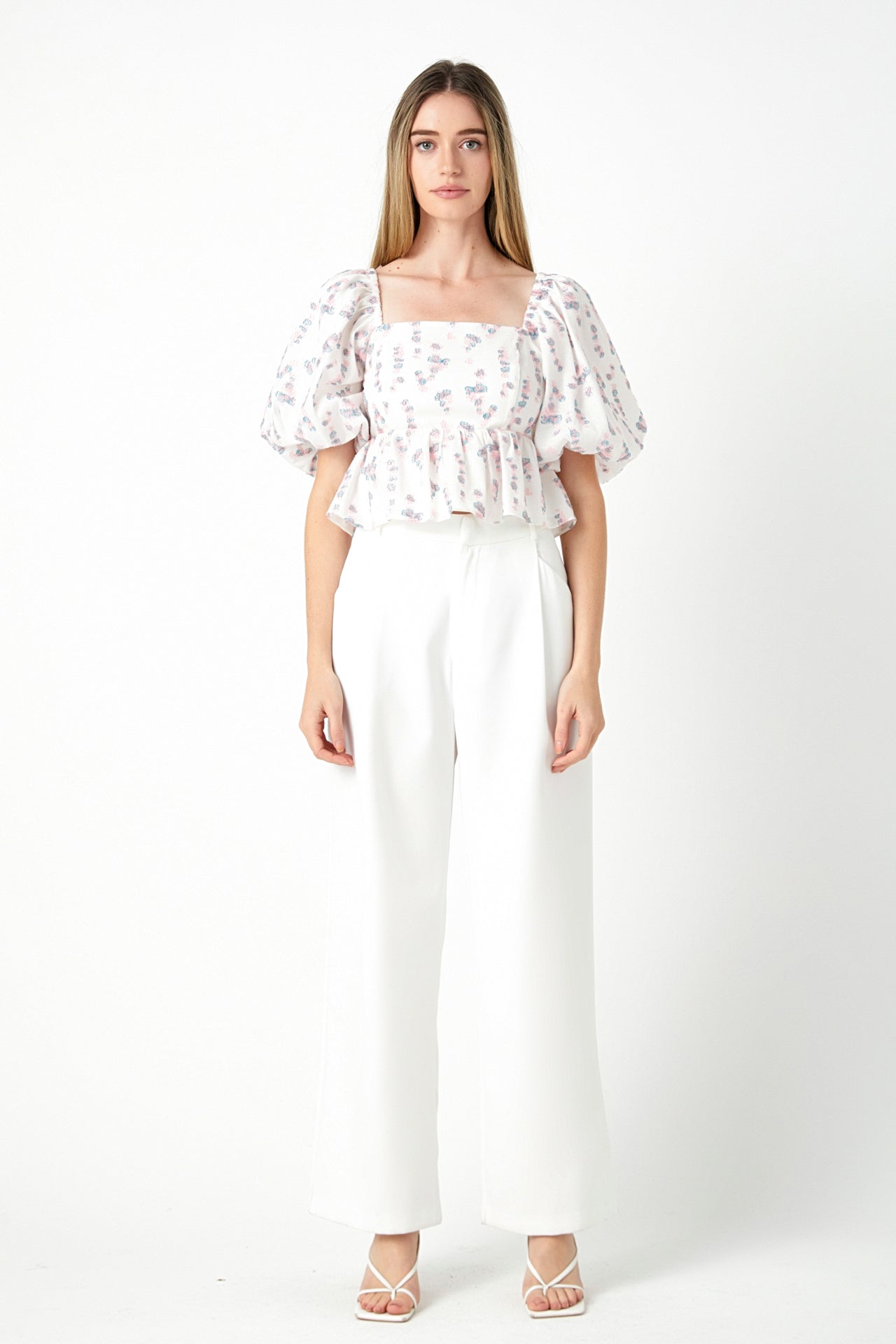 Blouson Sleeve Floral Textured Top