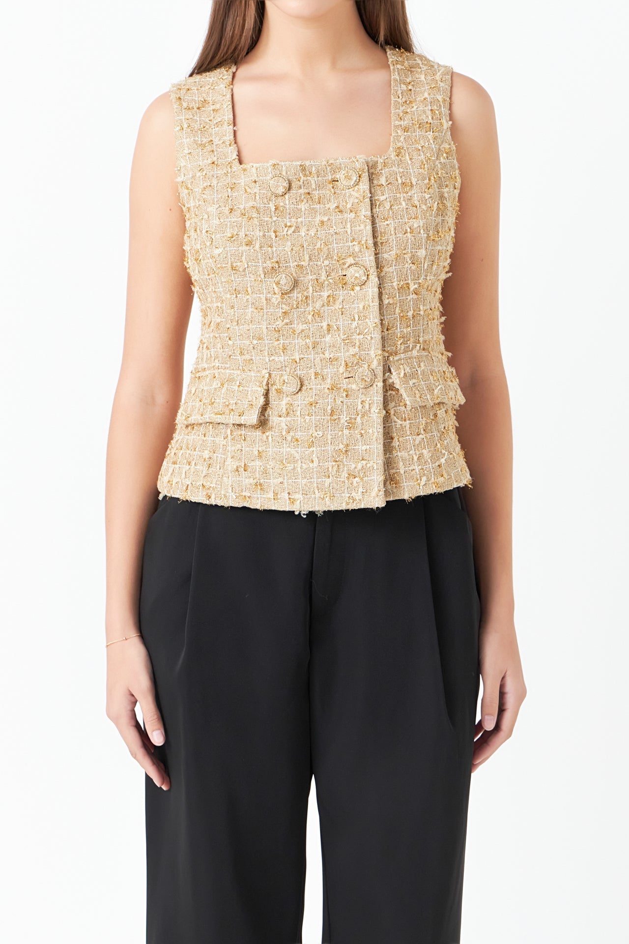 Gold Tweed Double Button Top