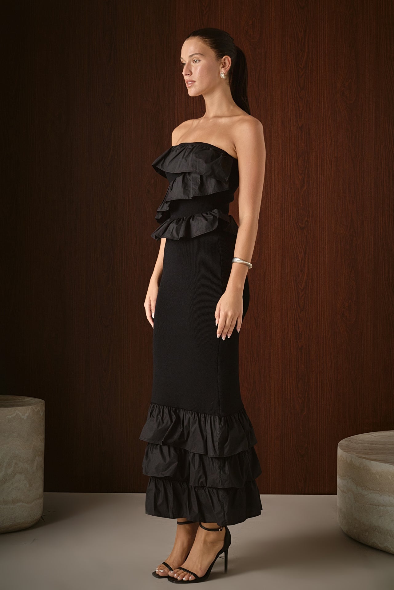 Mixed Media Strapless Fitted Maxi Dress