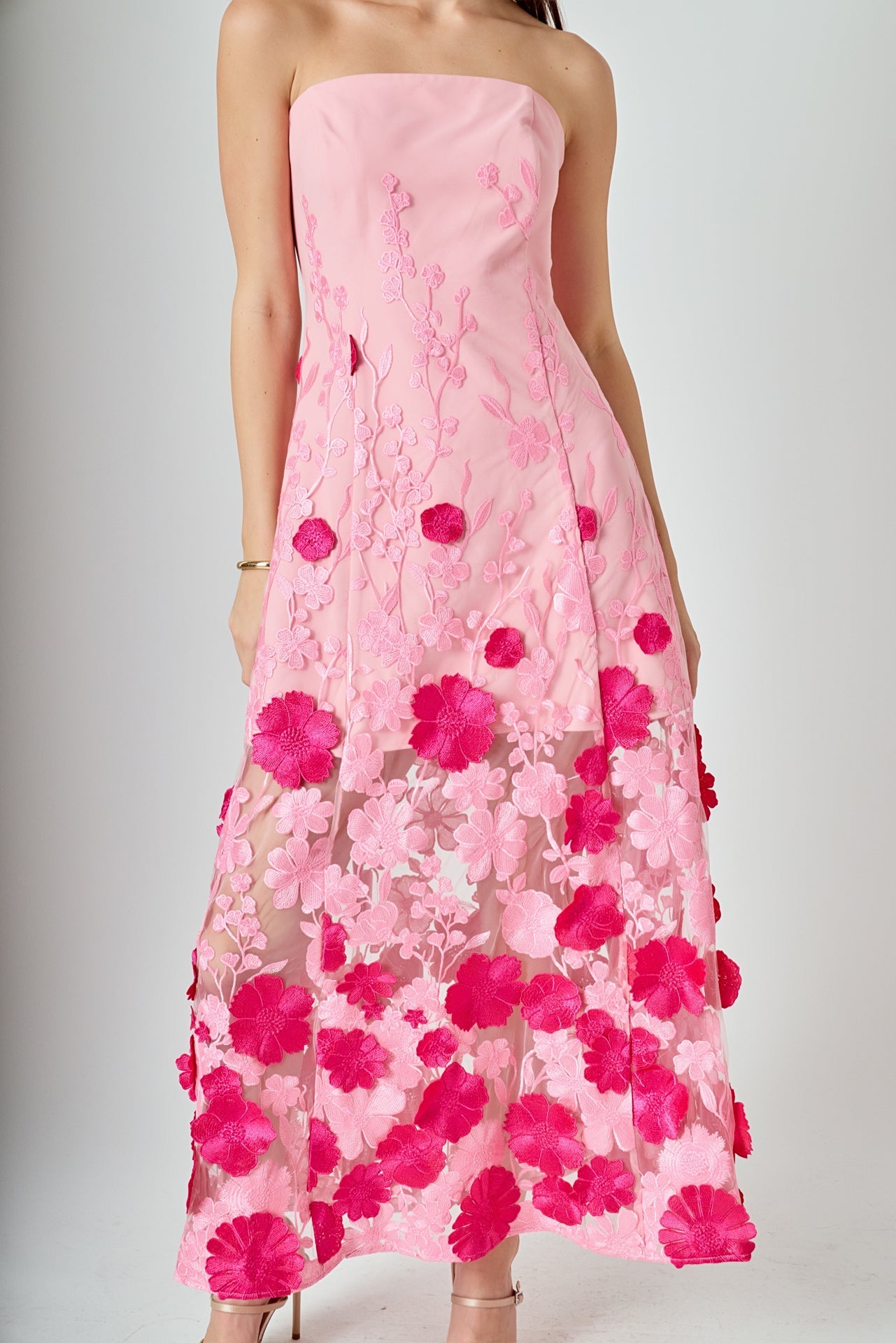 Embroidered 3D Applique Strapless Maxi Dress