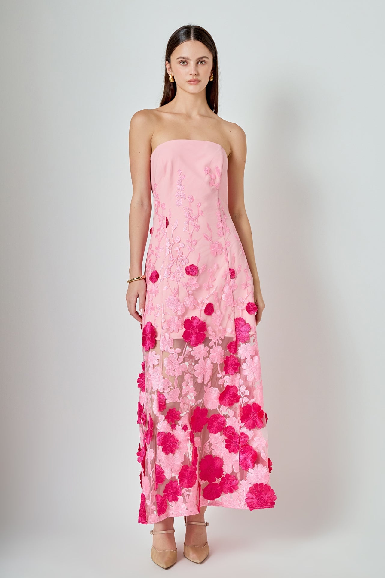 Embroidered 3D Applique Strapless Maxi Dress