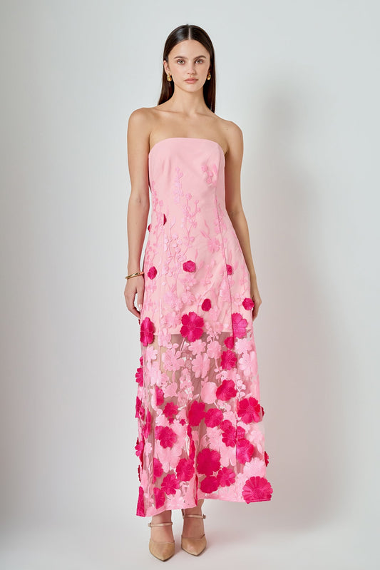Embroidered 3D Applique Strapless Maxi Dress