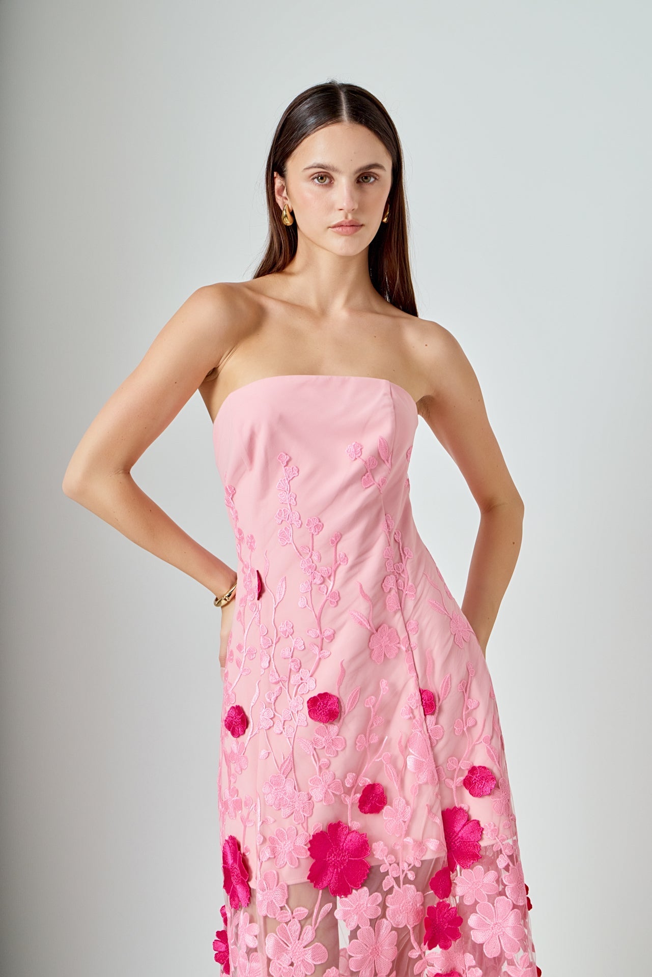 Embroidered 3D Applique Strapless Maxi Dress