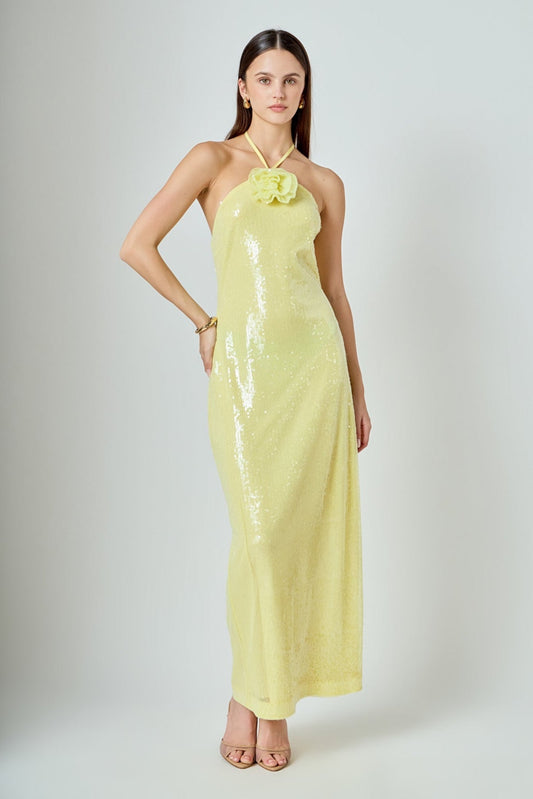 Rose Haltered Sequins Maxi Dress