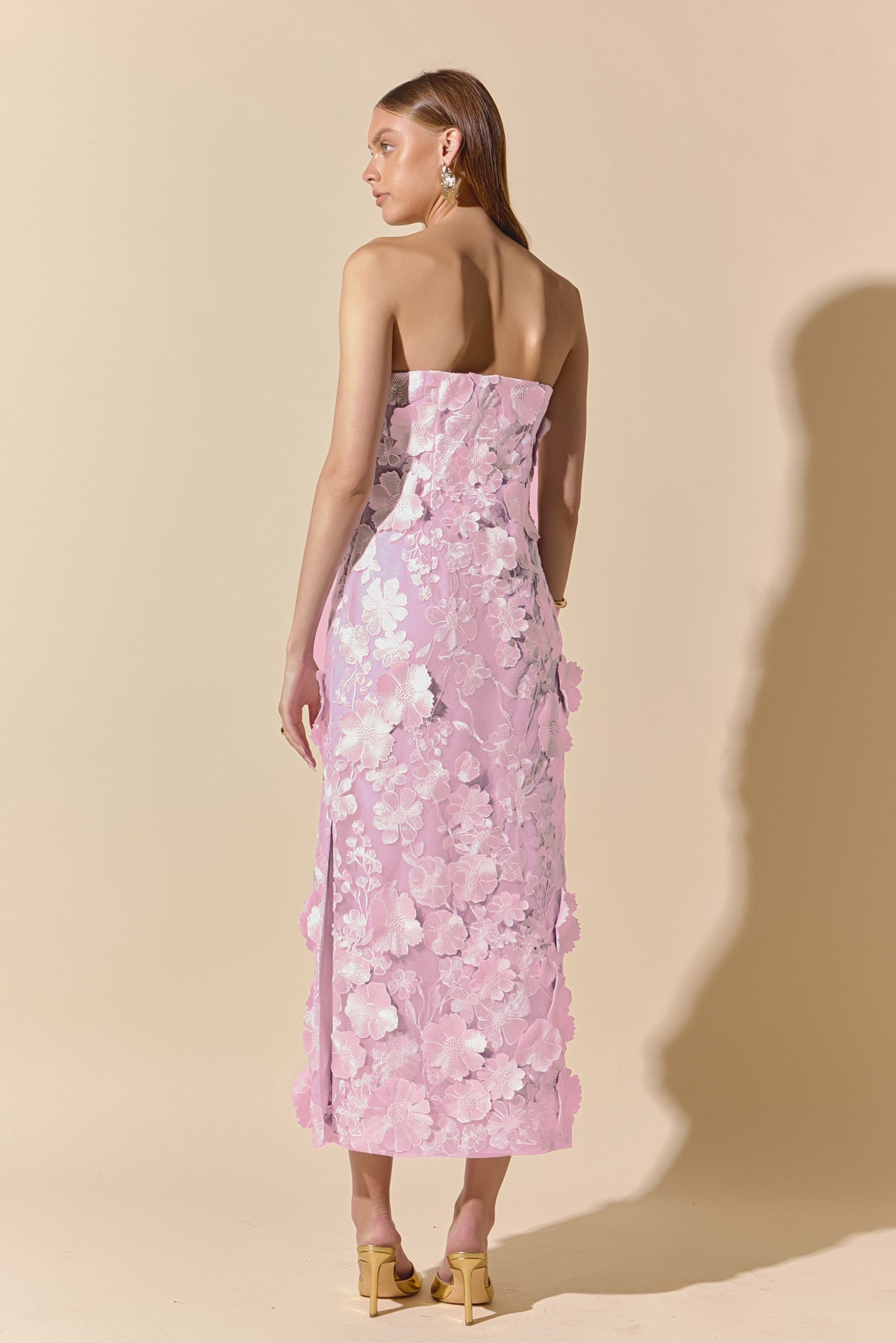 Strapless 3D applique Midi Dress