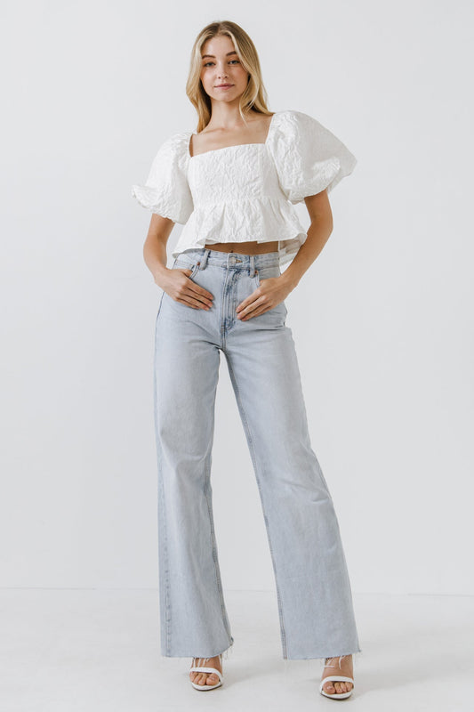 Square Neck Puff Sleeve Jacquard Top