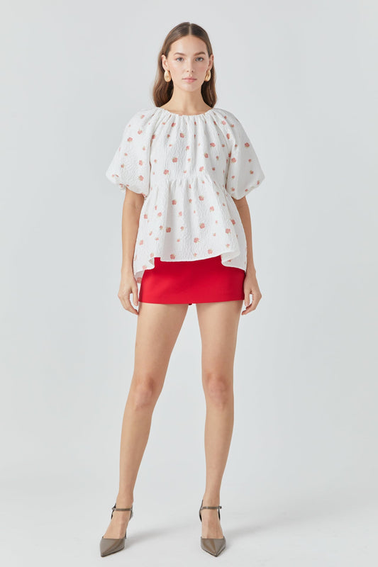Floral Jacquard Spg Tie Flounce Blouse