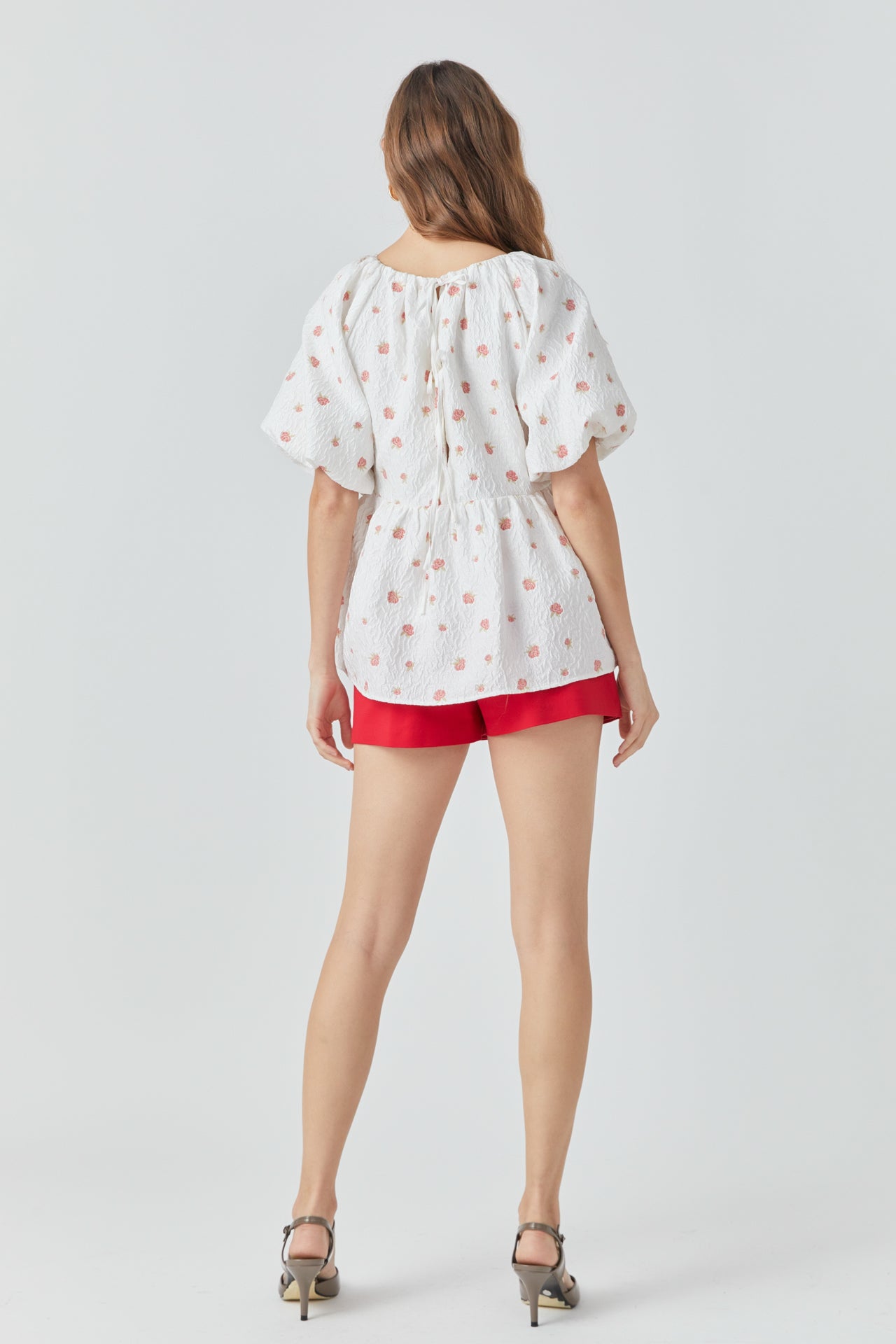 Floral Jacquard Spg Tie Flounce Blouse