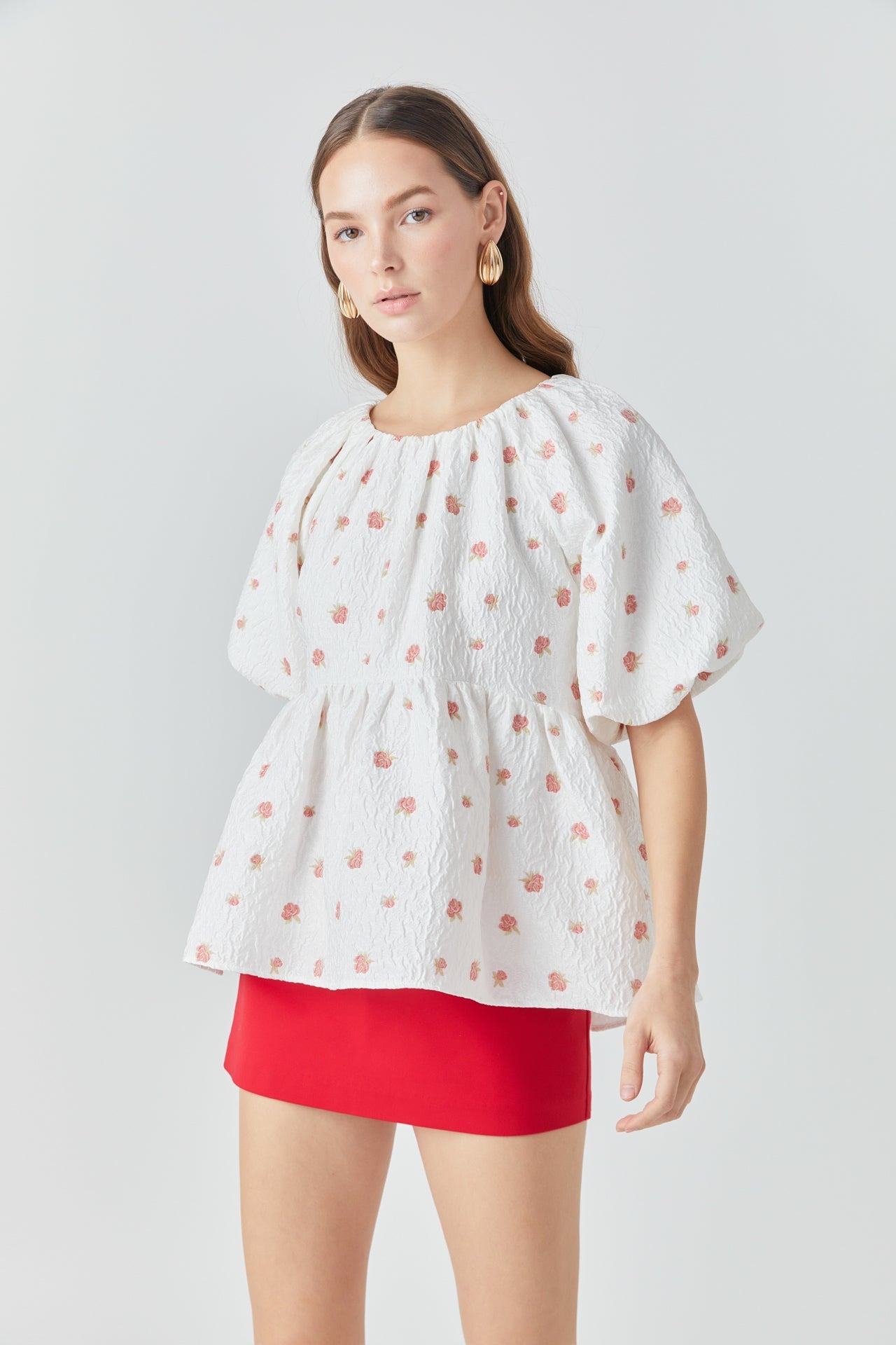 Floral Jacquard Spg Tie Flounce Blouse