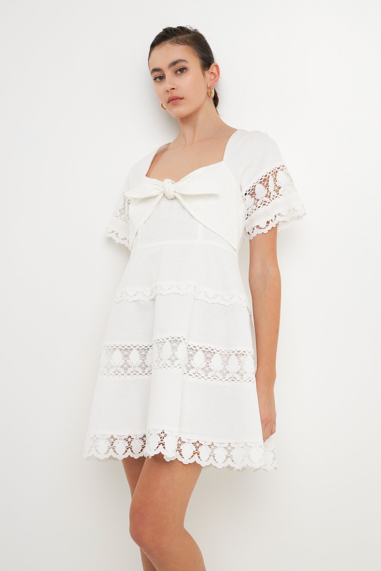 Lace Trim Mini Dress with Front Bow