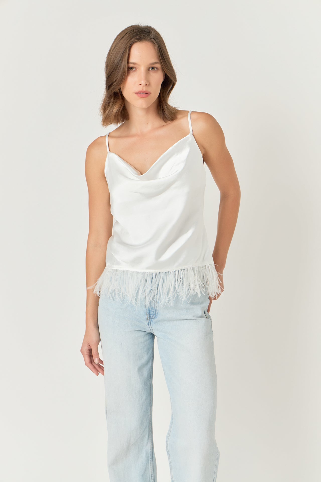 Satin Cowl Neck Top with Feather